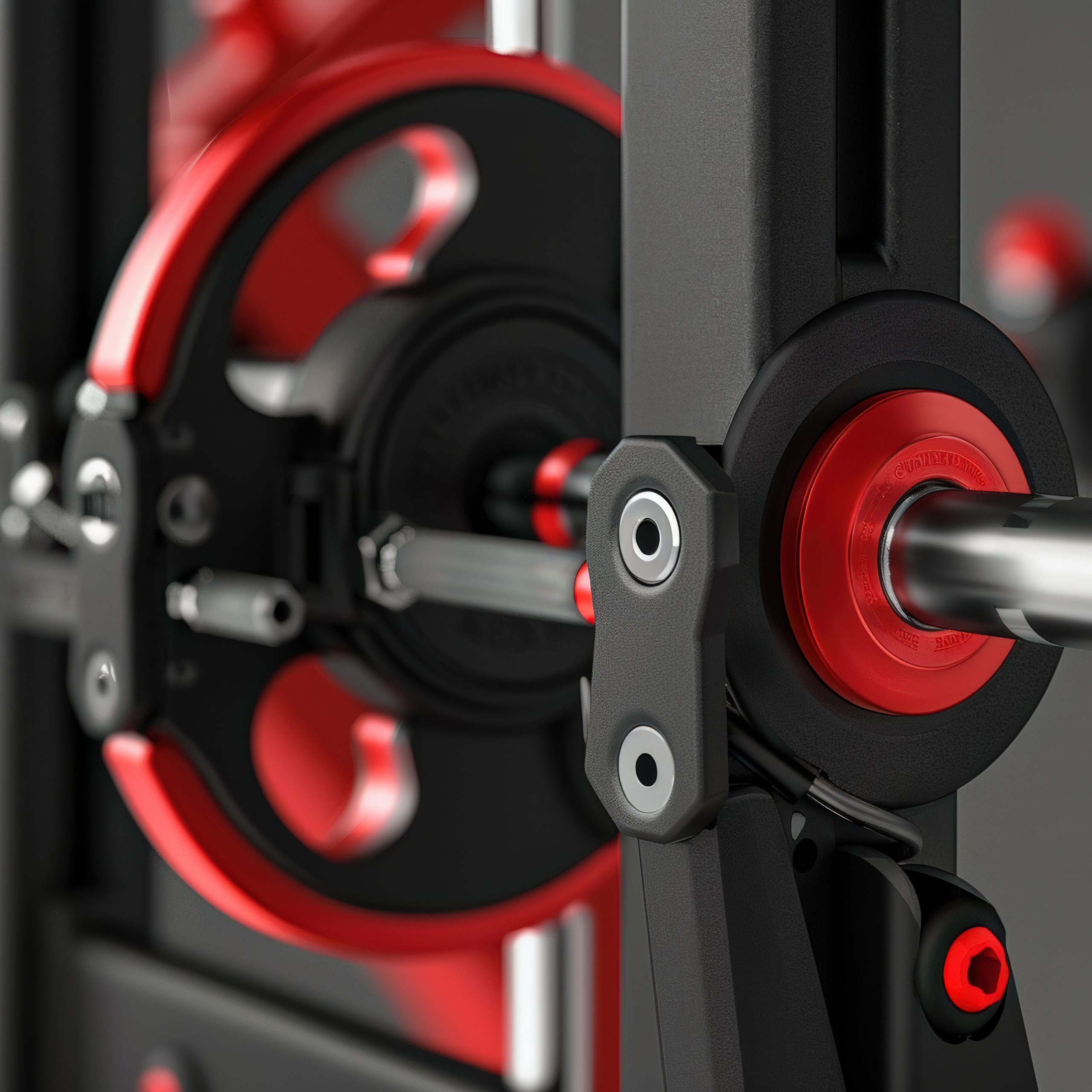 Close-up of a modern gym equipment setup featuring weights and a barbell, perfect for strength training and workout routines.